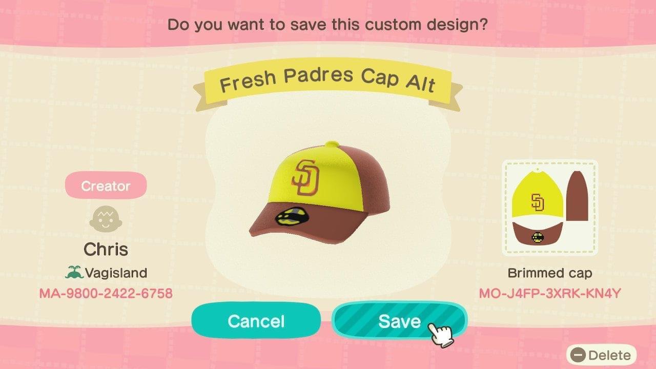Animal Crossing Design Code: MO-J4FP-3XRK-KN4Y Fresh Padres Cap Alt