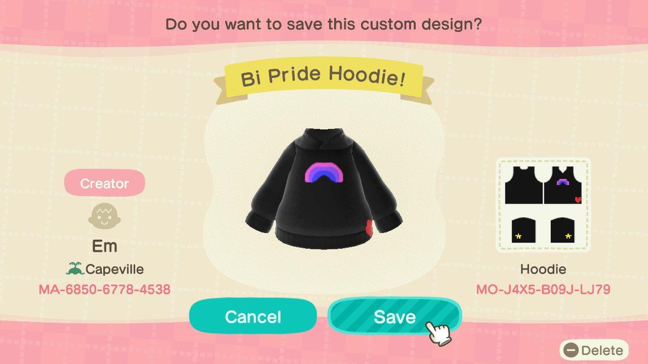 Animal Crossing Design Code: MO-J4X5-B09J-LJ79 Bi Pride Hoodie
