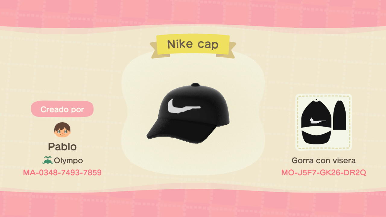 Animal Crossing Design Code: MO-J5F7-GK26-DR2Q Nike cap