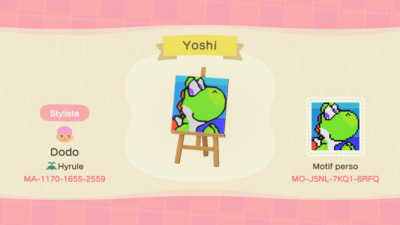 Animal Crossing Design Code: MO-J5NL-7KQ1-6RFQ Yoshi