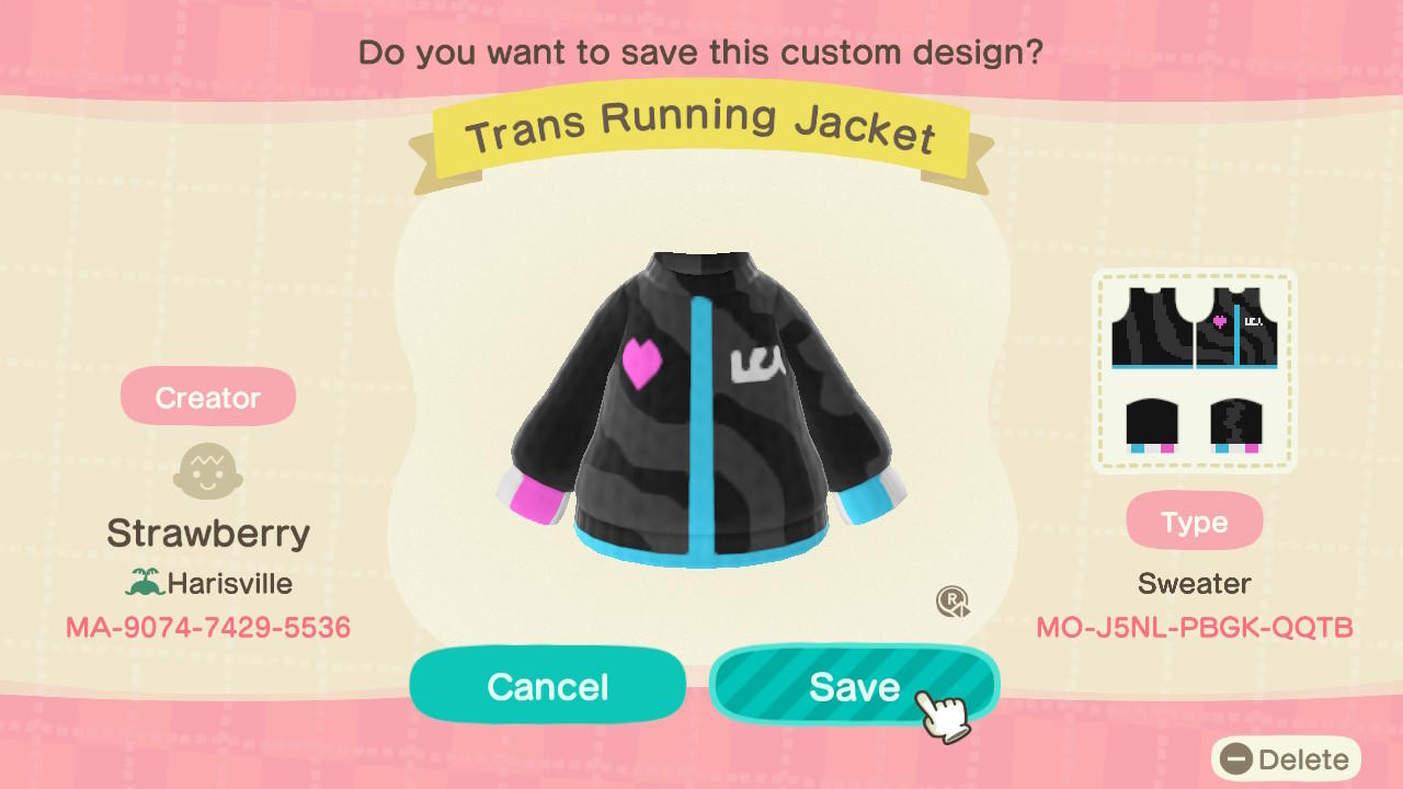 Animal Crossing Design Code: MO-J5NL-PBGK-QQTB Trans Running Jacket