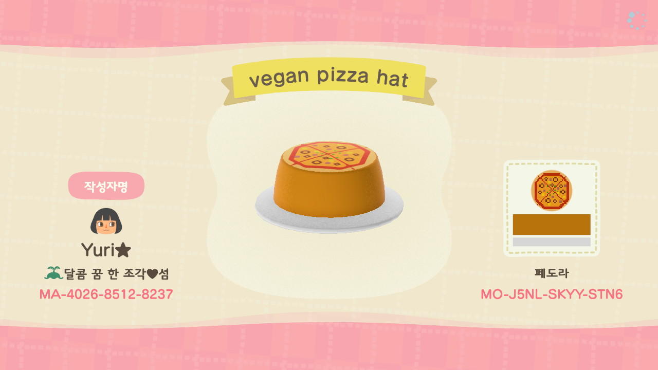 Animal Crossing Design Code: MO-J5NL-SKYY-STN6 Vegan Pizza hat