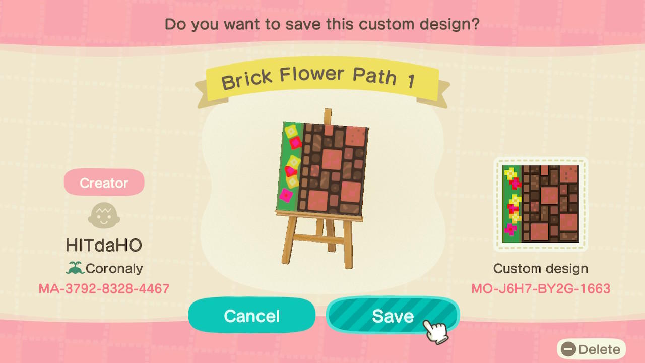 Animal Crossing Design Code: MO-J6H7-BY2G-1663 Brick Flower Path 1