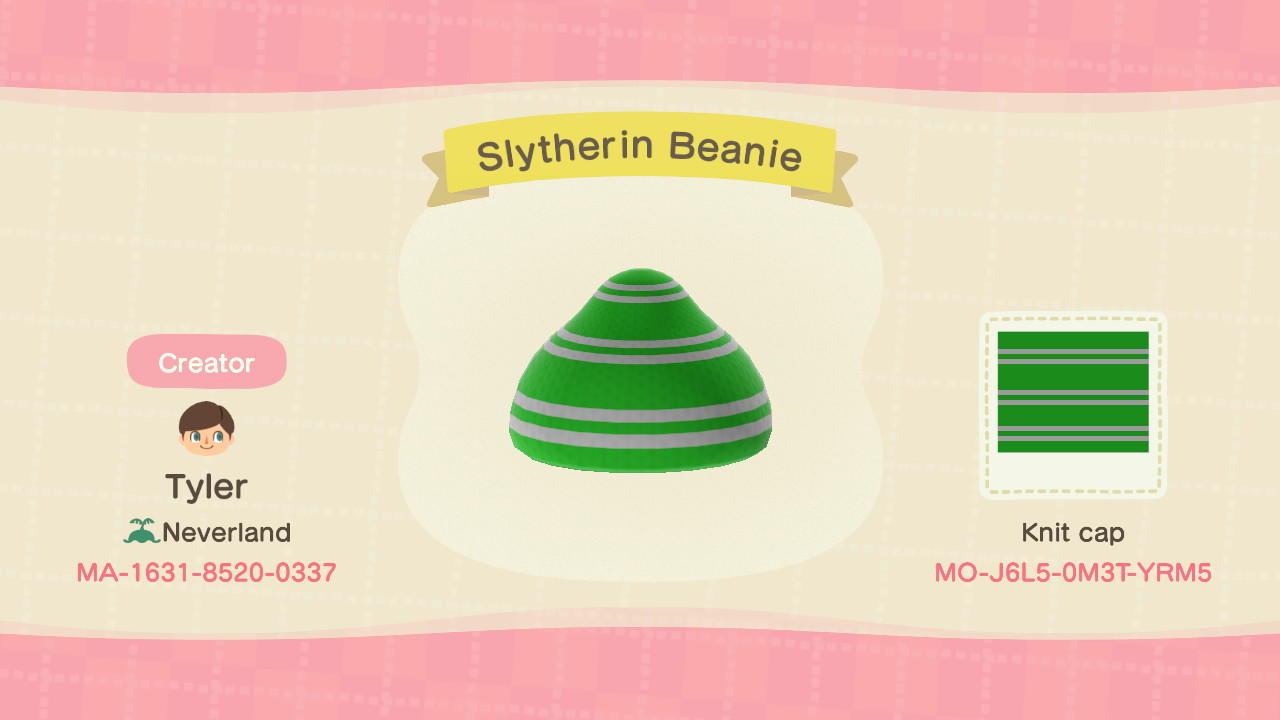Animal Crossing Design Code: MO-J6L5-0M3T-YRM5 Slytherin Beanie