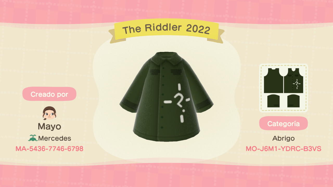 Animal Crossing Design Code: MO-J6M1-YDRC-B3VS The Riddler 2022
