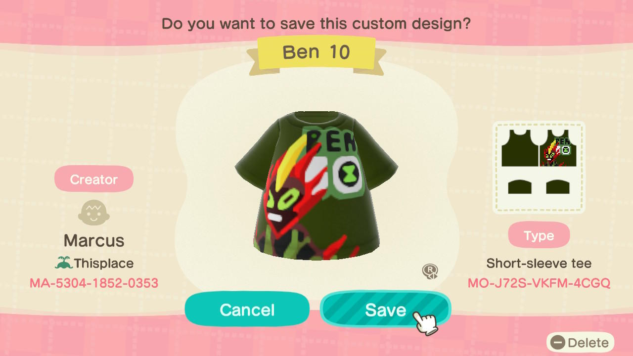 Animal Crossing Design Code: MO-J72S-VKFM-4CGQ Ben 10 Swampfire