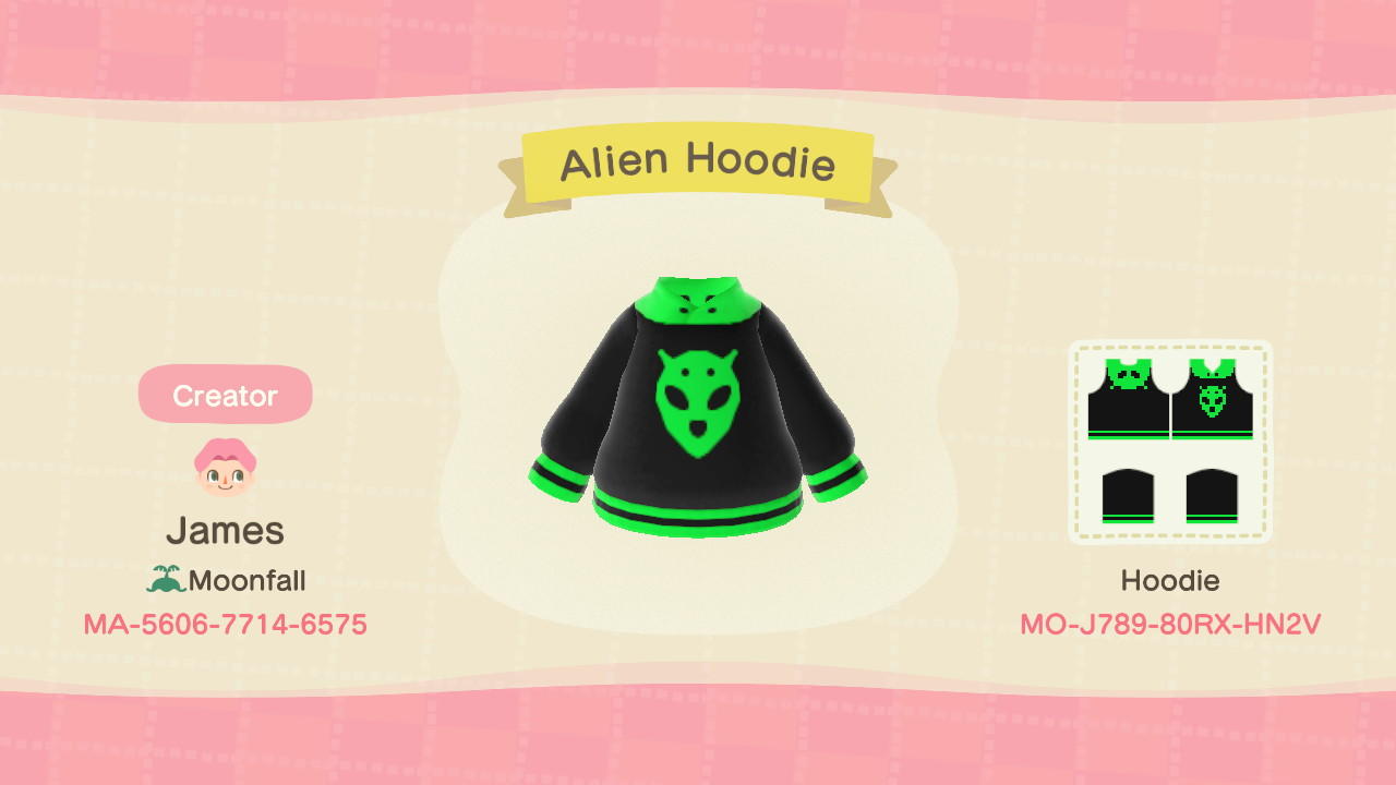 Animal Crossing Design Code: MO-J789-80RX-HN2V Green Alien Hoodie