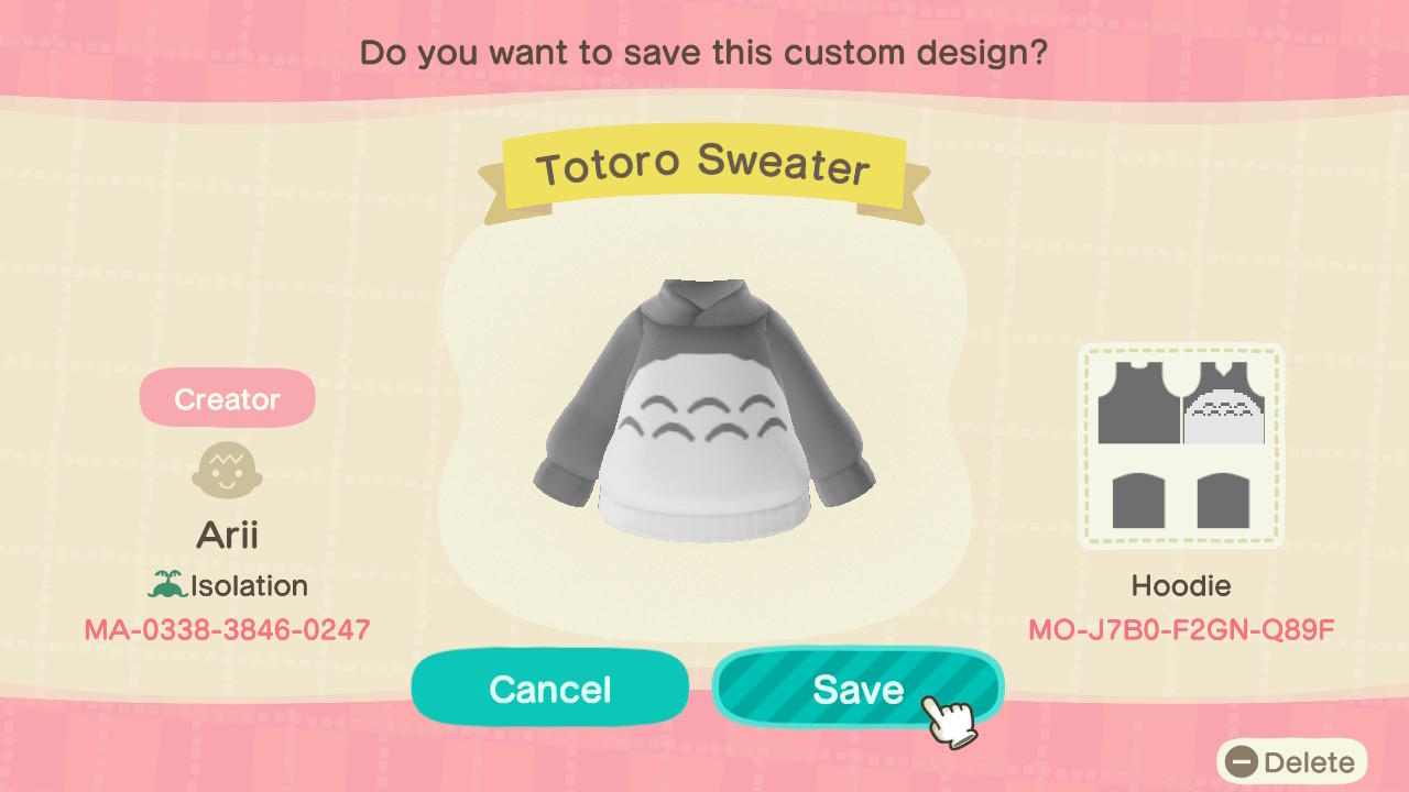Animal Crossing Design Code: MO-J7B0-F2GN-Q89F Totoro Hoodie