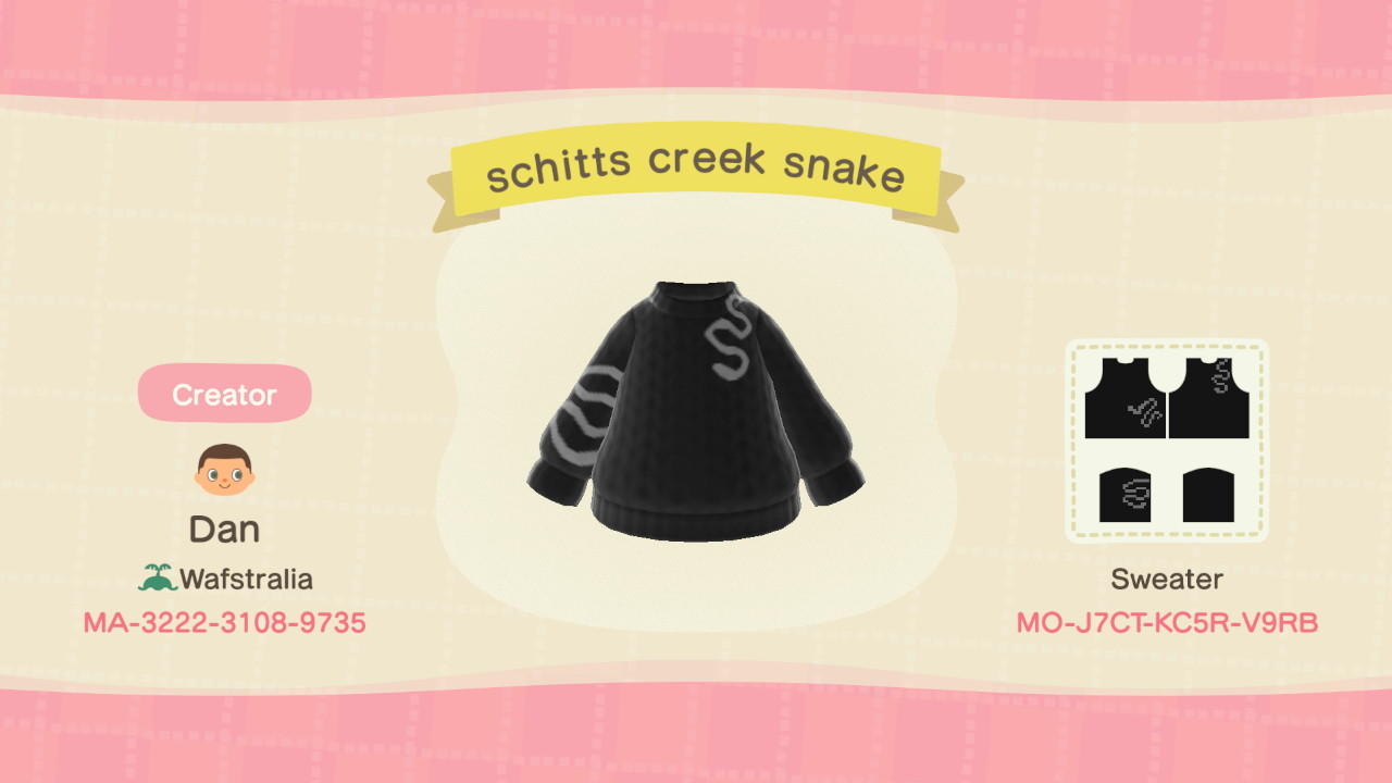 Animal Crossing Design Code: MO-J7CT-KC5R-V9RB Schitts Creek Snake