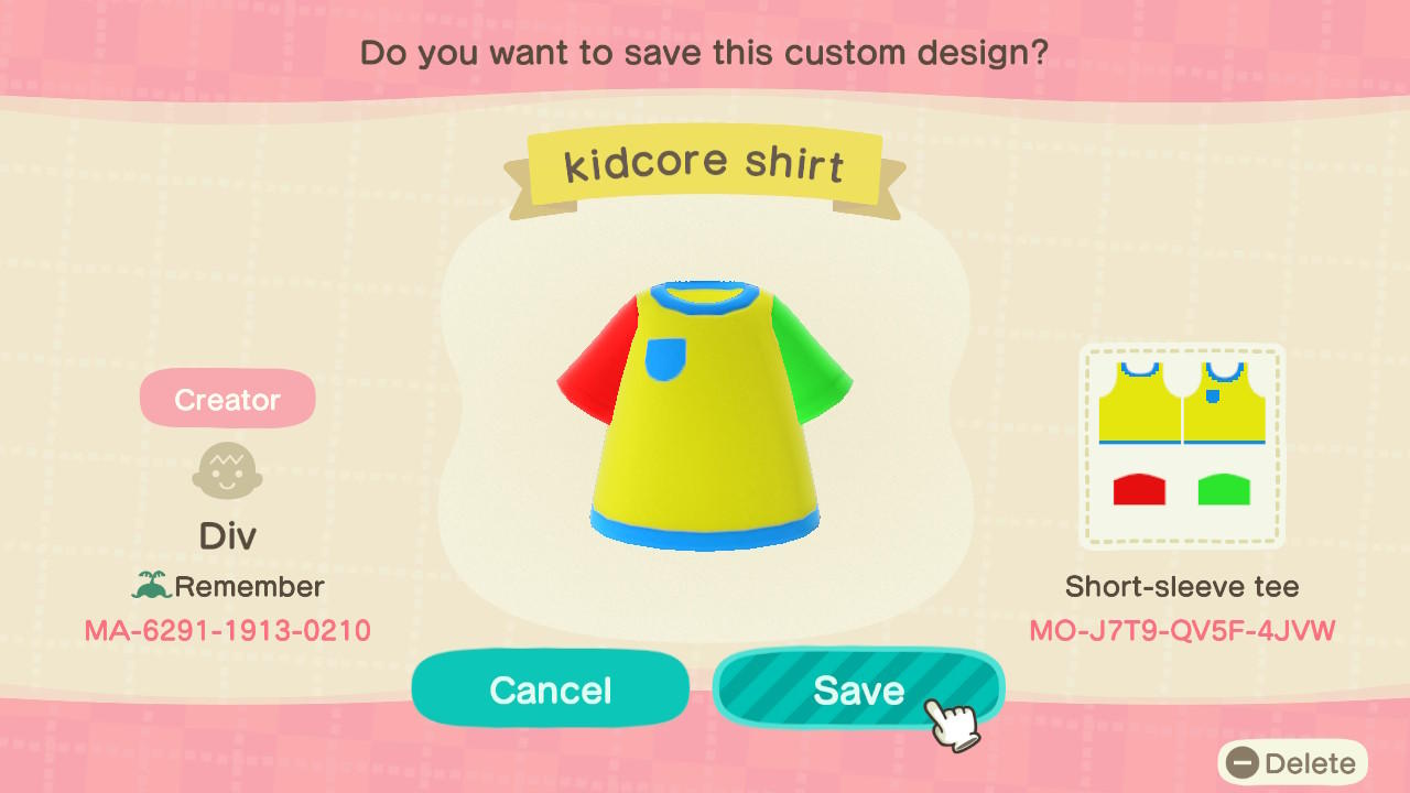 Animal Crossing Design Code: MO-J7T9-QV5F-4JVW kidcore shirt