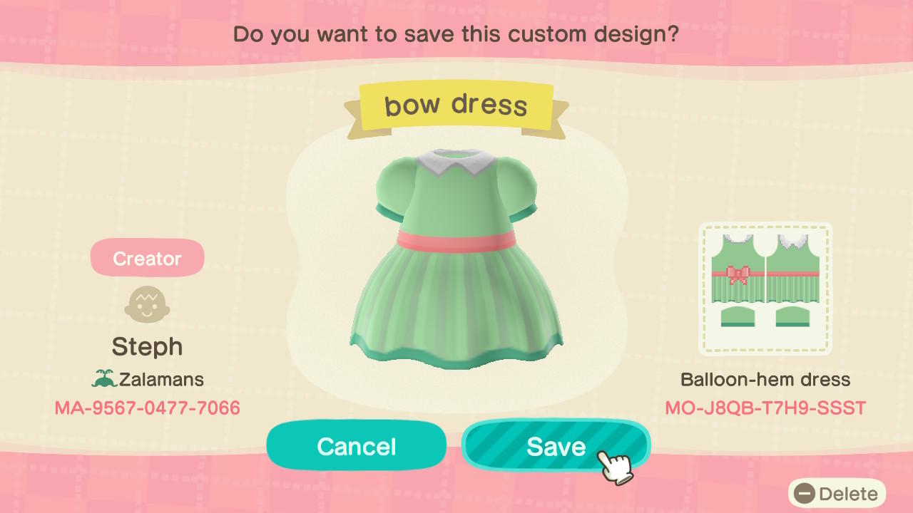 Animal Crossing Design Code: MO-J8QB-T7H9-SSST Bow Dress