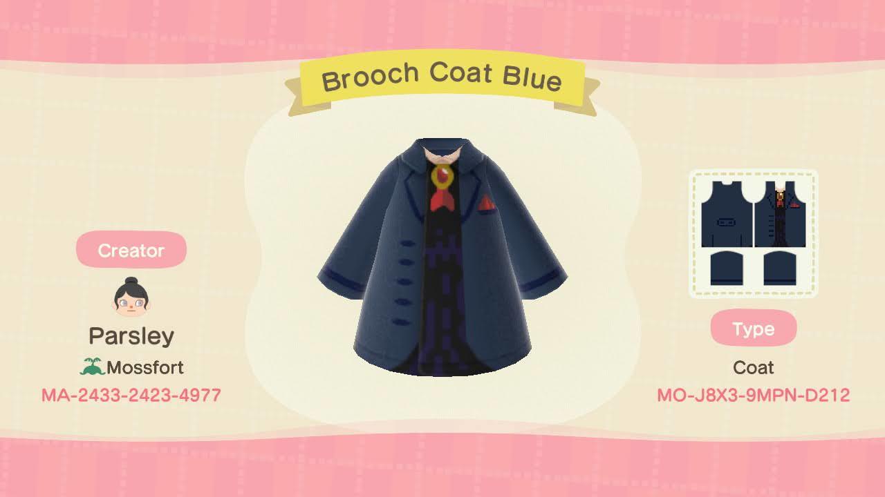 Animal Crossing Design Code: MO-J8X3-9MPN-D212 Brooch Coat Blue