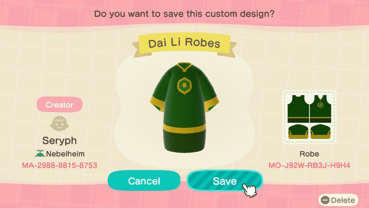 Animal Crossing Design Code: MO-J92W-RB3J-H9H4 Dai Li Robes (1)
