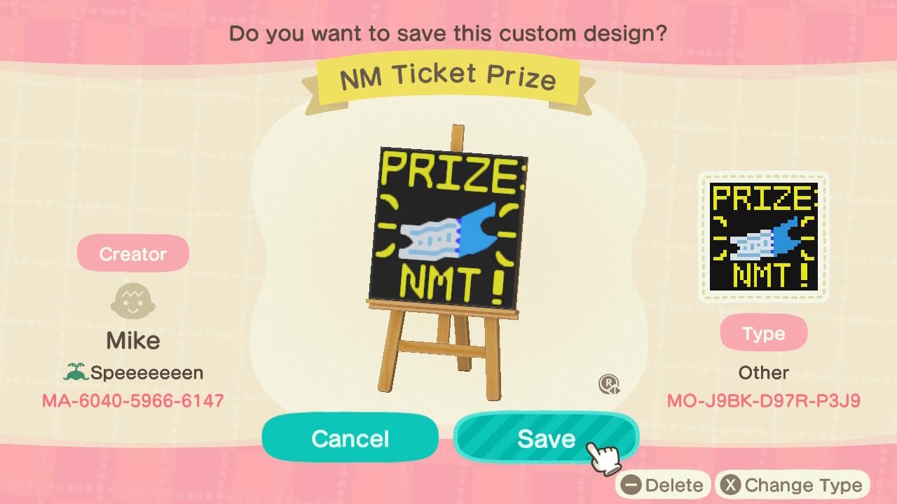 Animal Crossing Design Code: MO-J9BK-D97R-P3J9 NM Ticket Prize