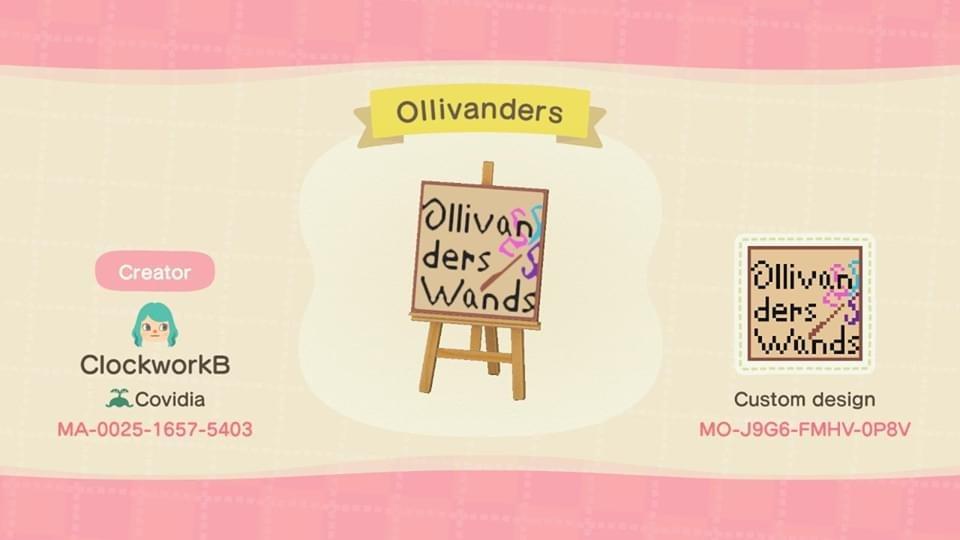 Animal Crossing Design Code: MO-J9G6-FMHV-0P8V Ollivander’s Sign