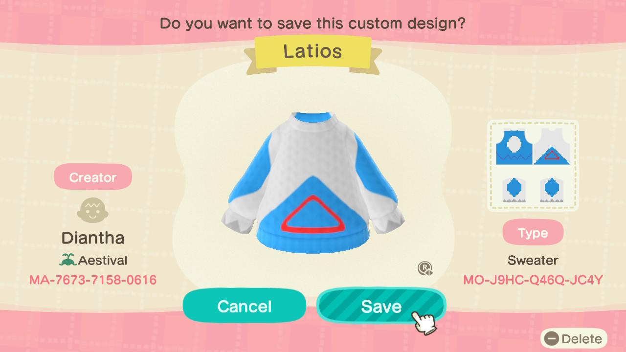 Animal Crossing Design Code: MO-J9HC-Q46Q-JC4Y Latios Sweater