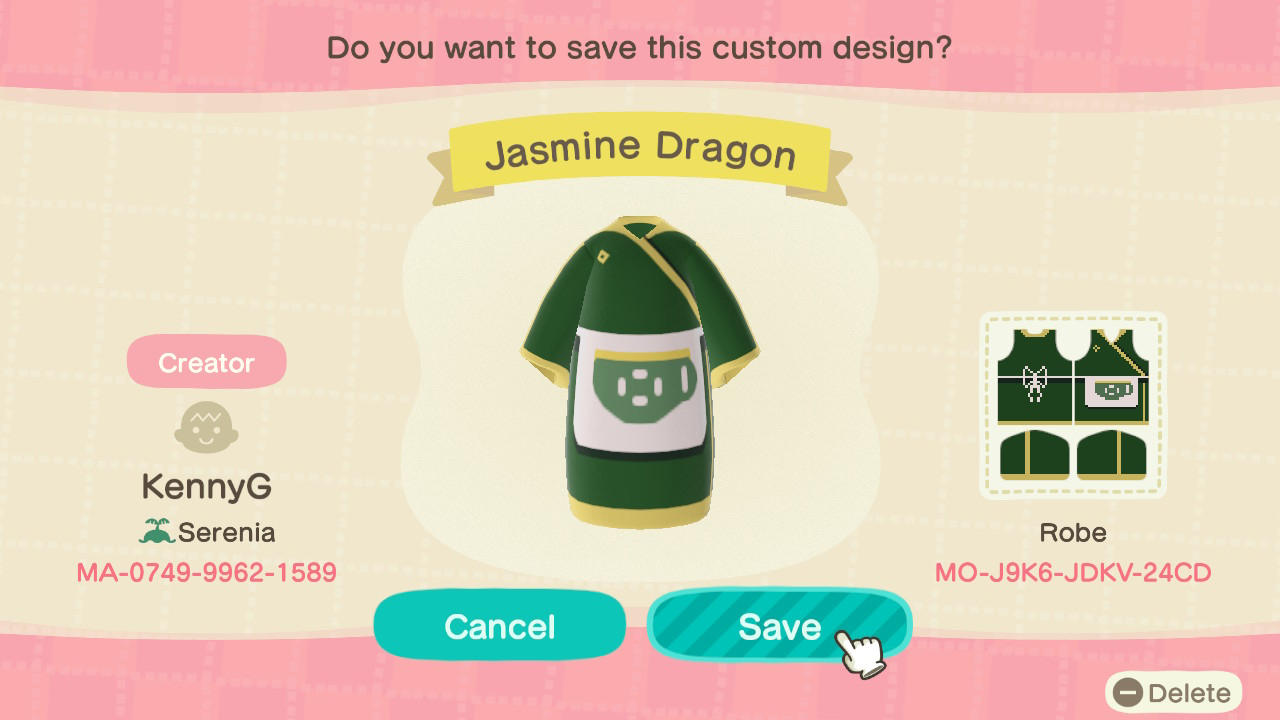 Animal Crossing Design Code: MO-J9K6-JDKV-24CD Jasmine Dragon