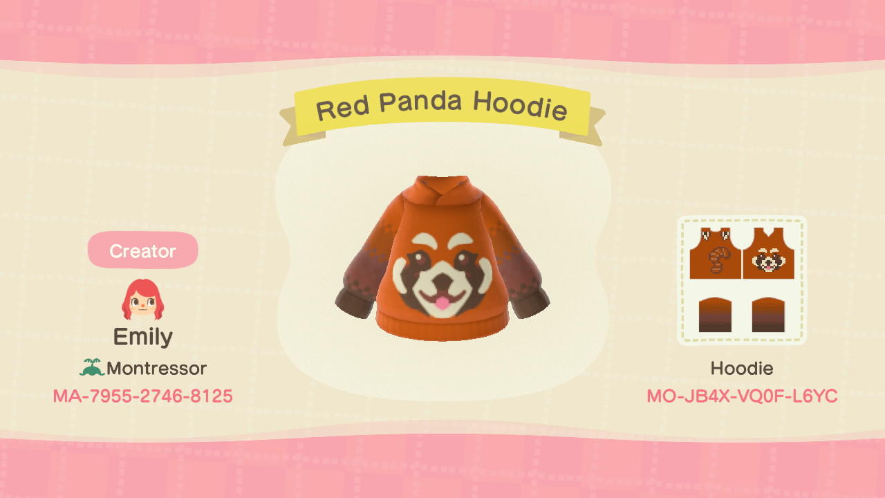 Animal Crossing Design Code: MO-JB4X-VQ0F-L6YC Red Panda Hoodie