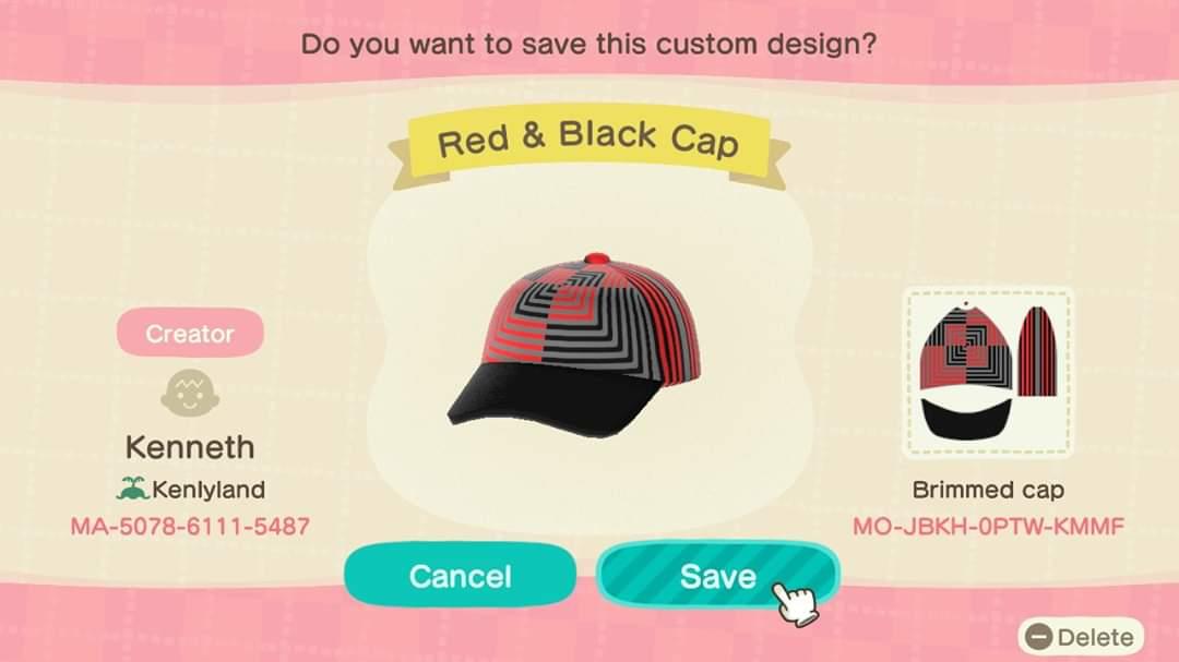 Animal Crossing Design Code: MO-JBKH-0PTW-KMMF Red & Black Cap