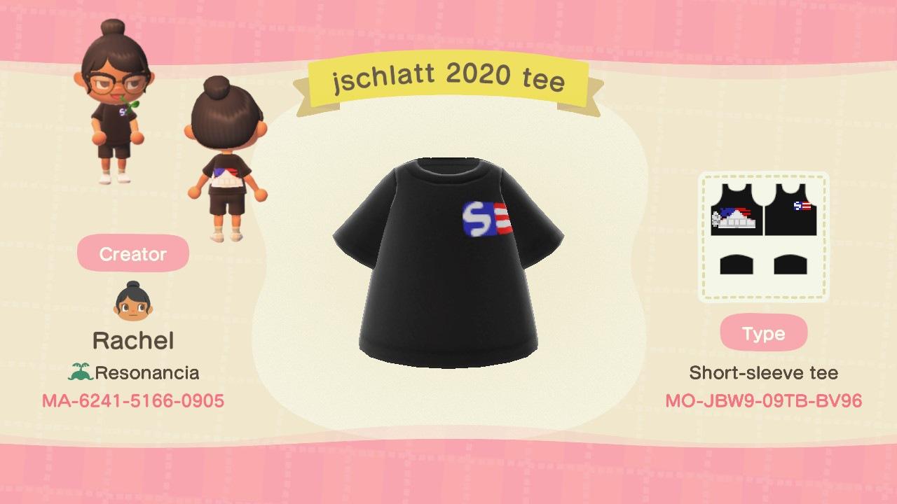 Animal Crossing Design Code: MO-JBW9-09TB-BV96 jschlatt 2020 tee