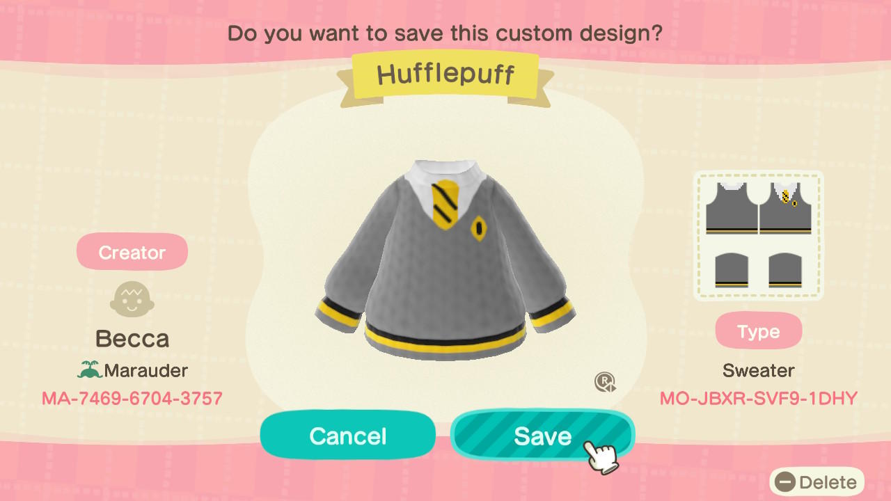 Animal Crossing Design Code: MO-JBXR-SVF9-1DHY Hufflepuff Jumper