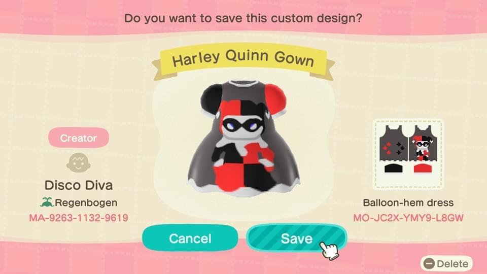 Animal Crossing Design Code: MO-JC2X-YMY9-L8GW Harley Quinn Gown
