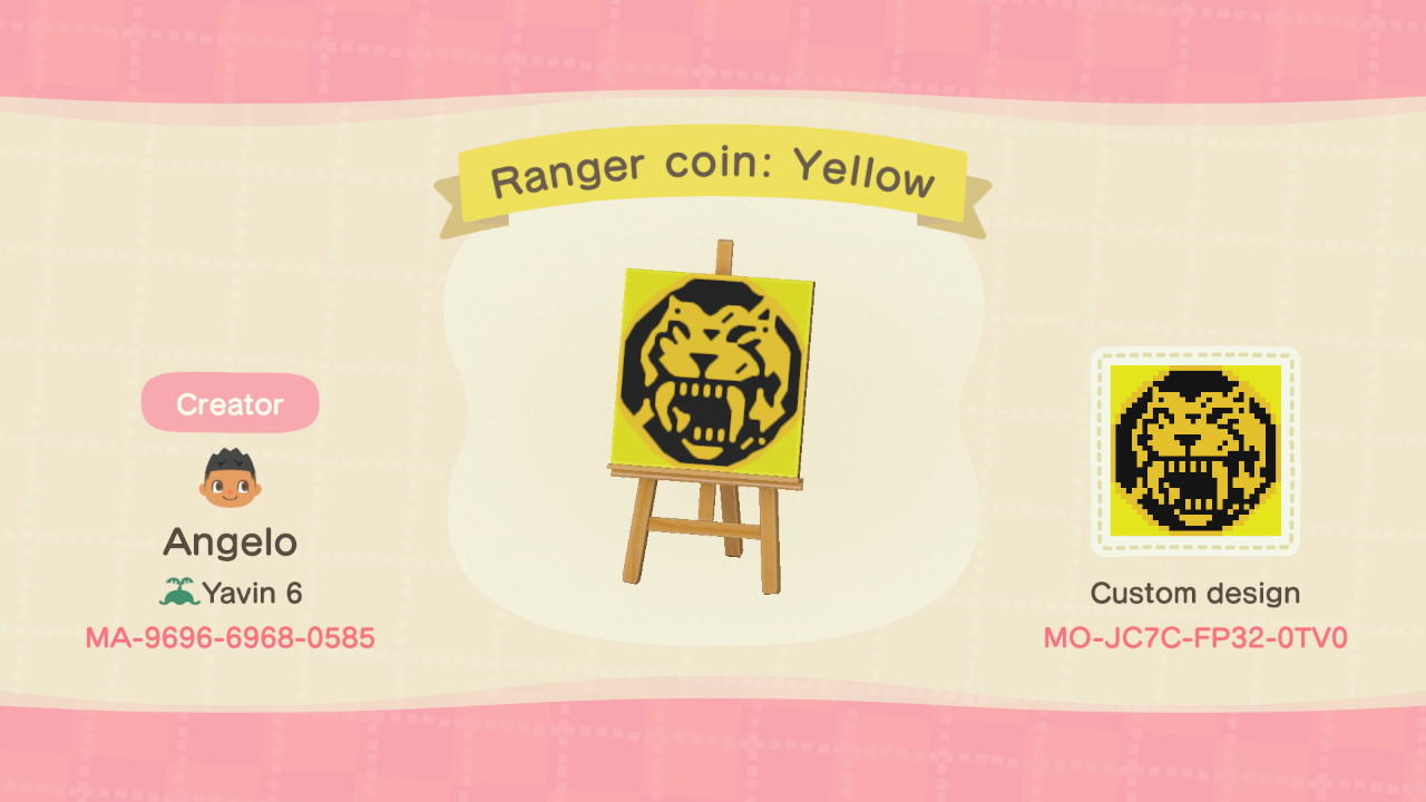 Animal Crossing Design Code: MO-JC7C-FP32-0TV0 Ranger coin: Yellow