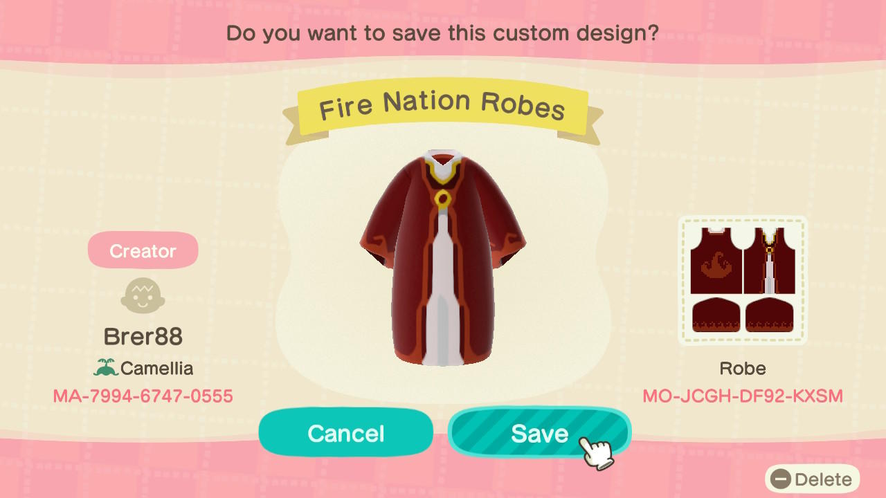 Animal Crossing Design Code: MO-JCGH-DF92-KXSM Fire Nation Robes