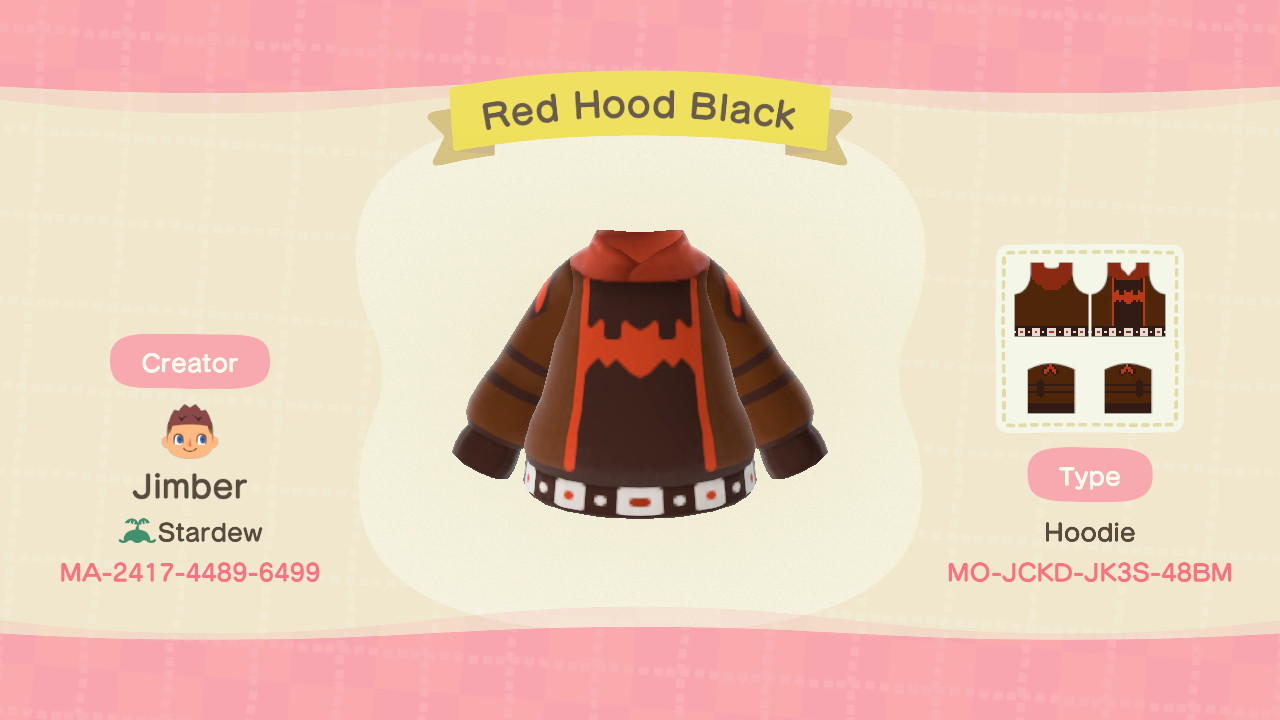 Animal Crossing Design Code: MO-JCKD-JK3S-48BM Red Hood Black