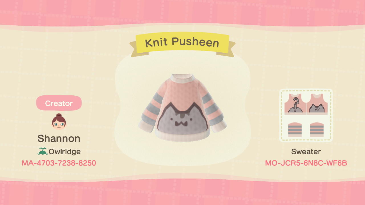 Animal Crossing Design Code: MO-JCR5-6N8C-WF6B Knit Pusheen