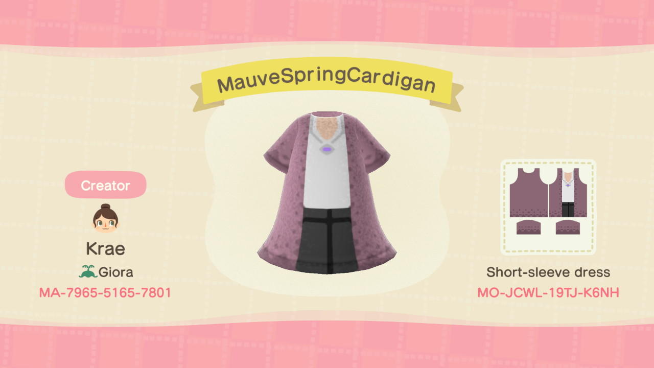 Animal Crossing Design Code: MO-JCWL-19TJ-K6NH Mauve Spring Cardi O