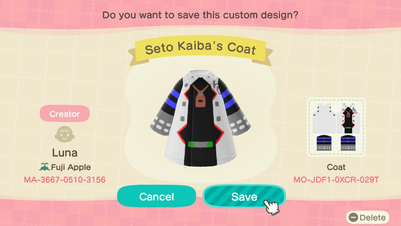 Animal Crossing Design Code: MO-JDF1-0XCR-029T Seto Kaiba's Coat
