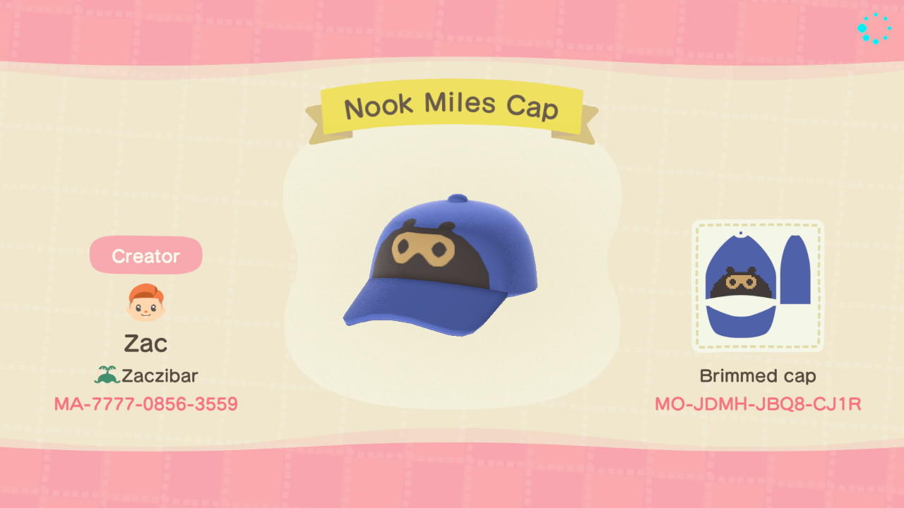 Animal Crossing Design Code: MO-JDMH-JBQ8-CJ1R Nook Miles Cap