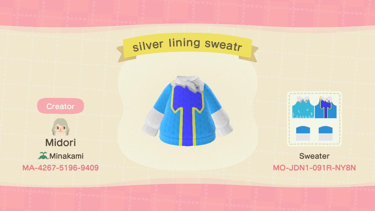 Animal Crossing Design Code: MO-JDN1-091R-NY8N silver lining sweatr