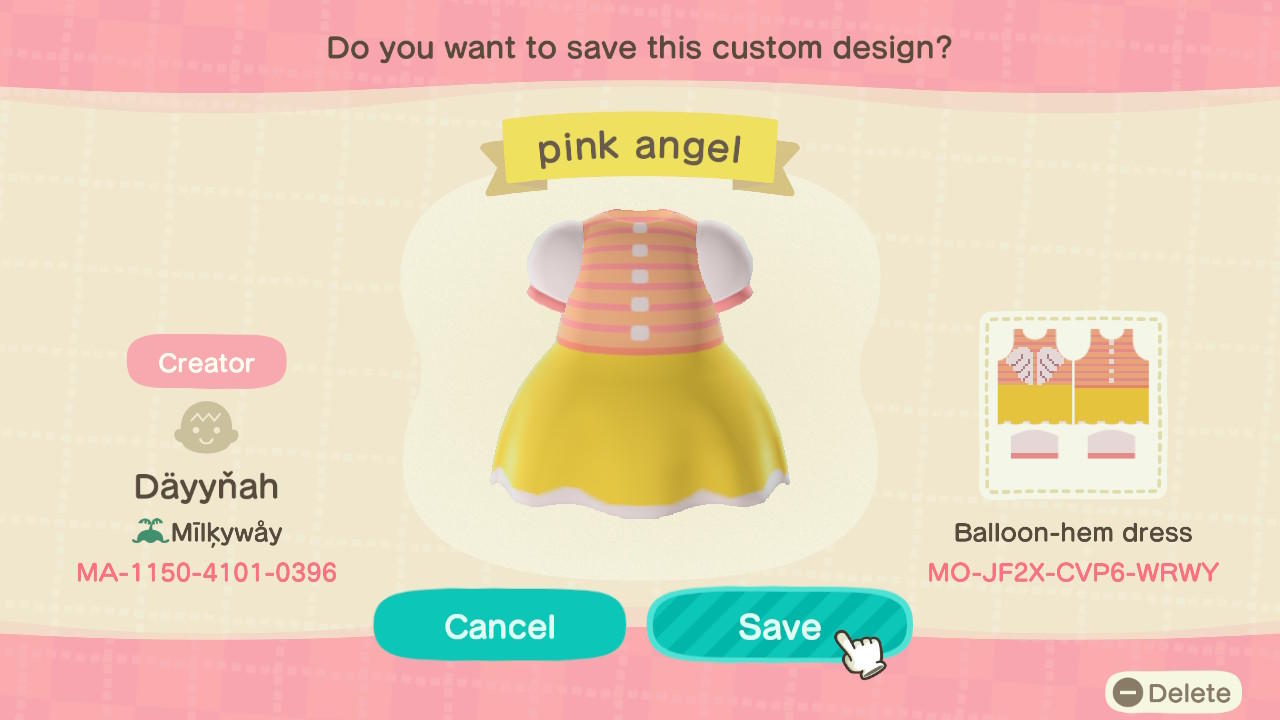 Animal Crossing Design Code: MO-JF2X-CVP6-WRWY Pink Angel
