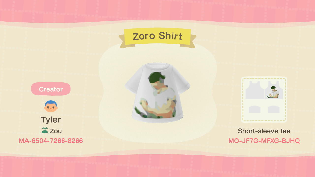 Animal Crossing Design Code: MO-JF7G-MFXG-BJHQ Zoro Shirt