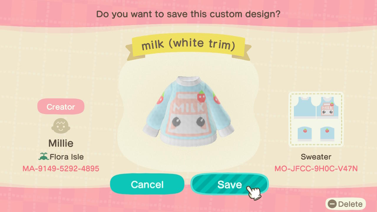 Animal Crossing Design Code: MO-JFCC-9H0C-V47N milk (white trim)