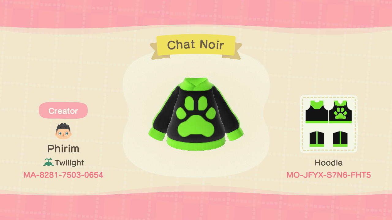 Animal Crossing Design Code: MO-JFYX-S7N6-FHT5 Chat Noir Hoodie