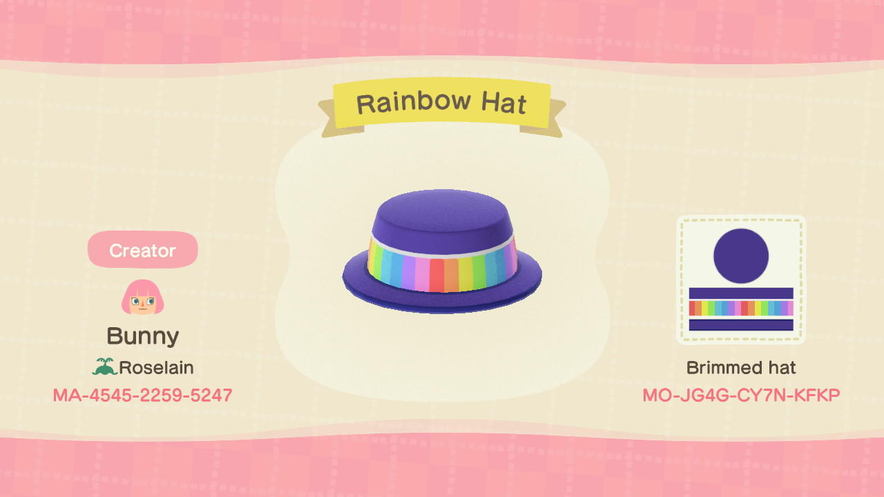 Animal Crossing Design Code: MO-JG4G-CY7N-KFKP Rainbow Hat