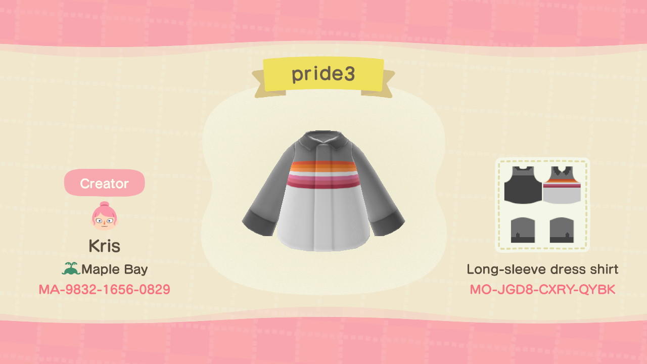Animal Crossing Design Code: MO-JGD8-CXRY-QYBK Lesbian Pride Shirt