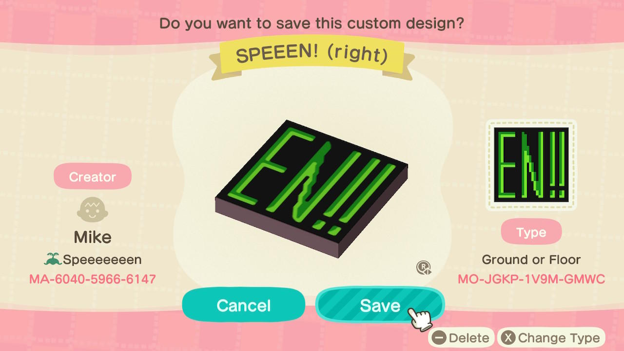 Animal Crossing Design Code: MO-JGKP-1V9M-GMWC SPEEEN! (right)