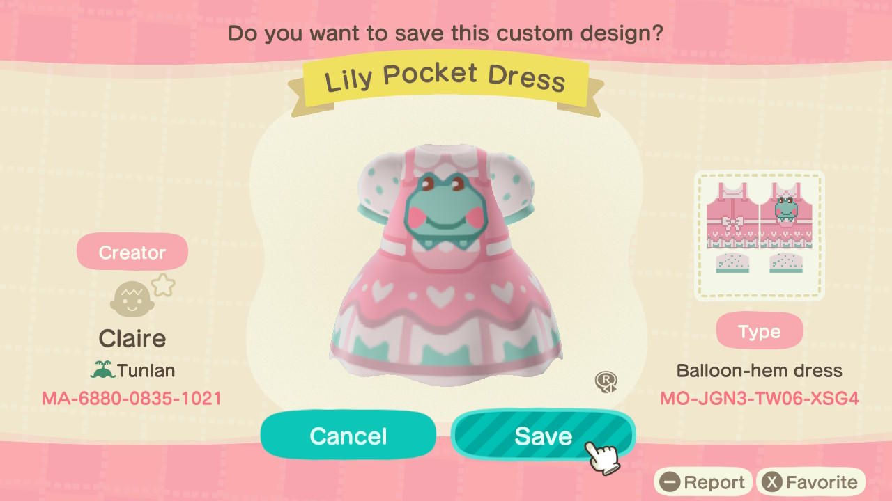 Animal Crossing Design Code: MO-JGN3-TW06-XSG4 Lily Pocket Dress