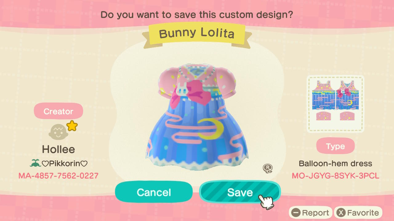 Animal Crossing Design Code: MO-JGYG-8SYK-3PCL Bunny Lolita