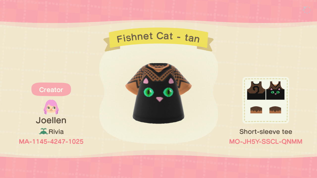 Animal Crossing Design Code: MO-JH5Y-SSCL-QNMM Fishnet Cat Shirt
