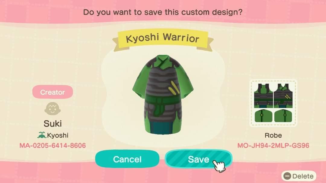 Animal Crossing Design Code: MO-JH94-2MLP-GS96 A:TLA Kyoshi Warrior