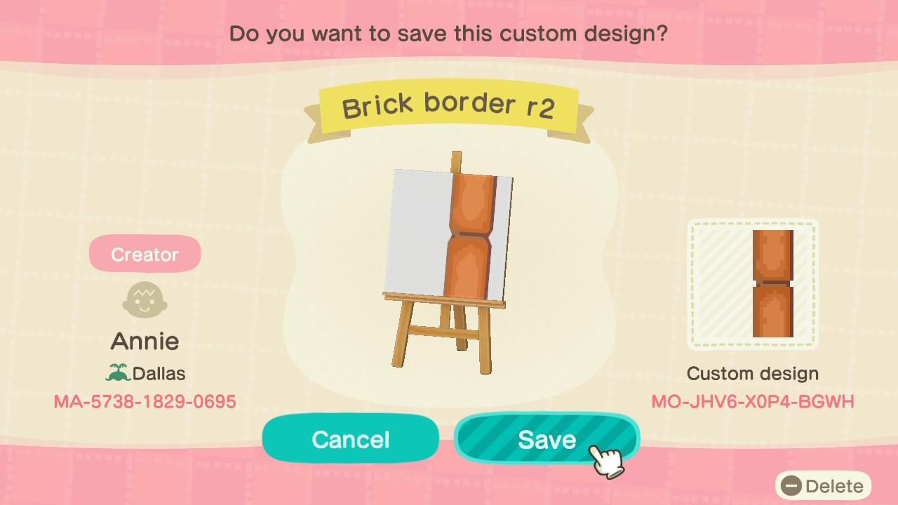 Animal Crossing Design Code: MO-JHV6-X0P4-BGWH Brick Border Right
