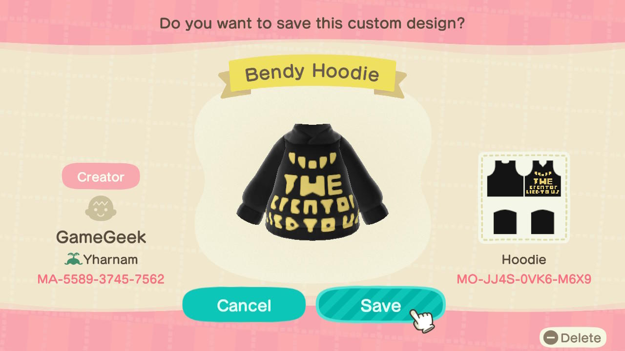 Animal Crossing Design Code: MO-JJ4S-0VK6-M6X9 Bendy Hoodie