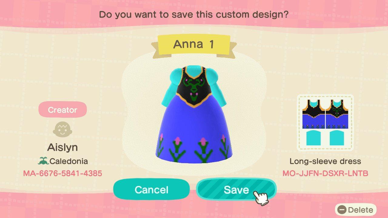 Animal Crossing Design Code: MO-JJFN-DSXR-LNTB Frozen Anna