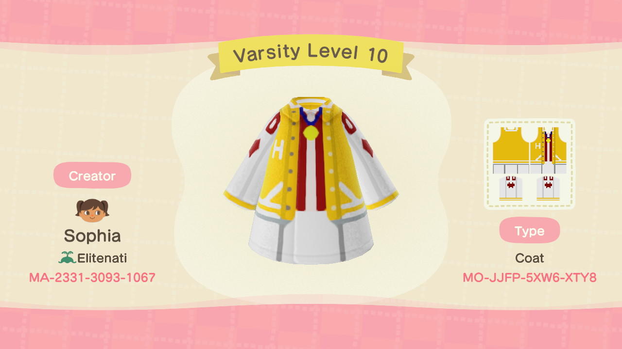 Animal Crossing Design Code: MO-JJFP-5XW6-XTY8 Varsity Level 10
