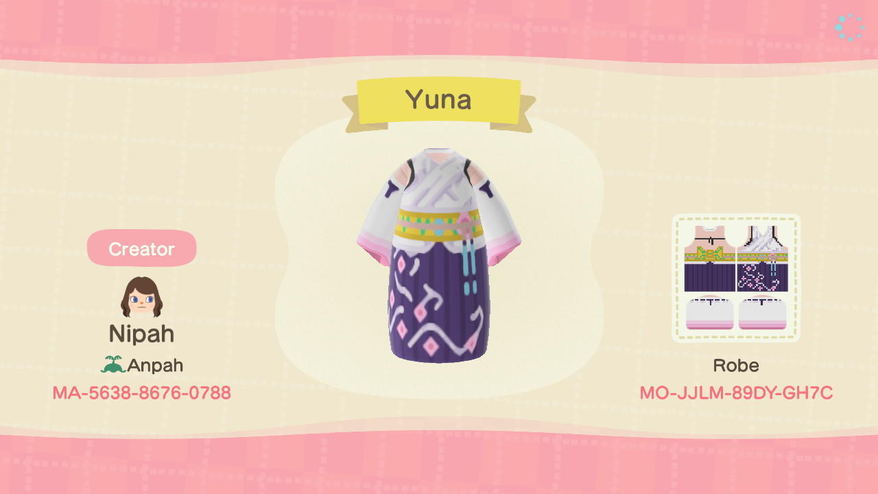 Animal Crossing Design Code: MO-JJLM-89DY-GH7C Yuna